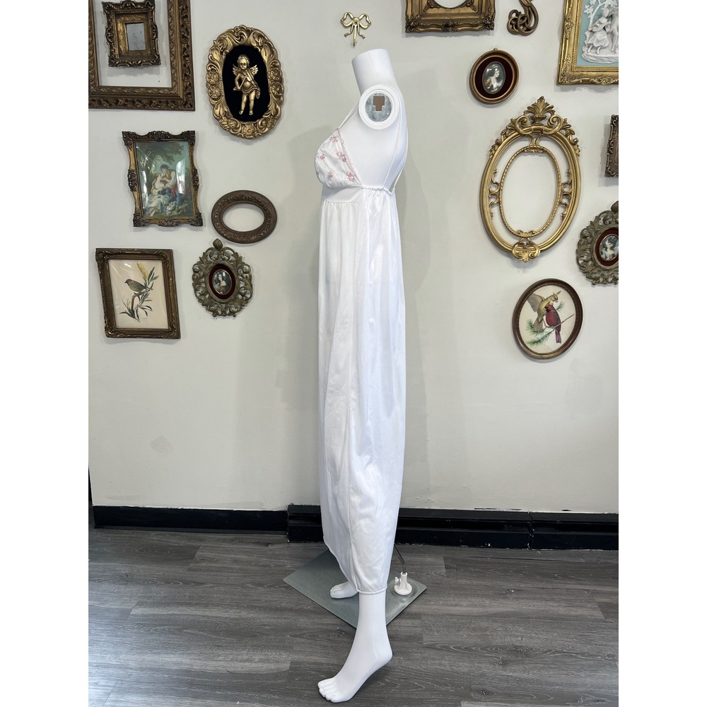 Vintage White Pink Floral Embroidered Satin Slip Dress Maxi Nightgown Size L - Picture 2 of 10